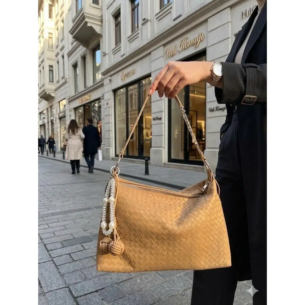 İthal Özel Tasarım Püskül Aksesuarlı Kadın El Ve Omuz Çantası - A.KAHVERENGİ